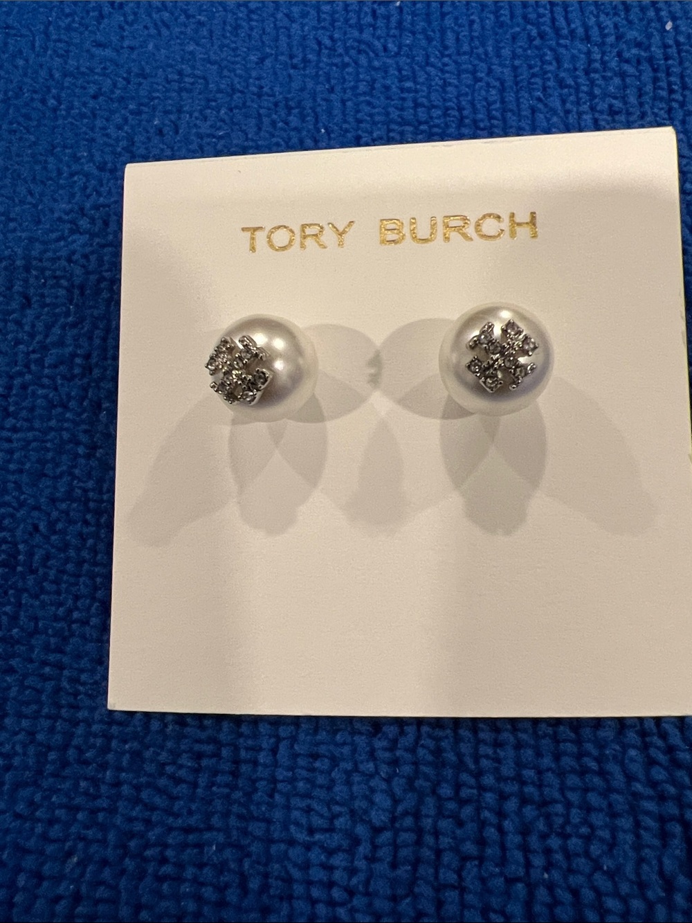 Tory Burch Pearl Logo Stud Earrings in Silver Crystal